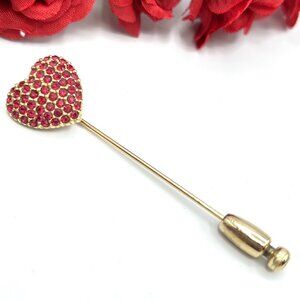 Early Pre-1955 Vintage CINER Signed Red Rhinestone Heart Stick Pin